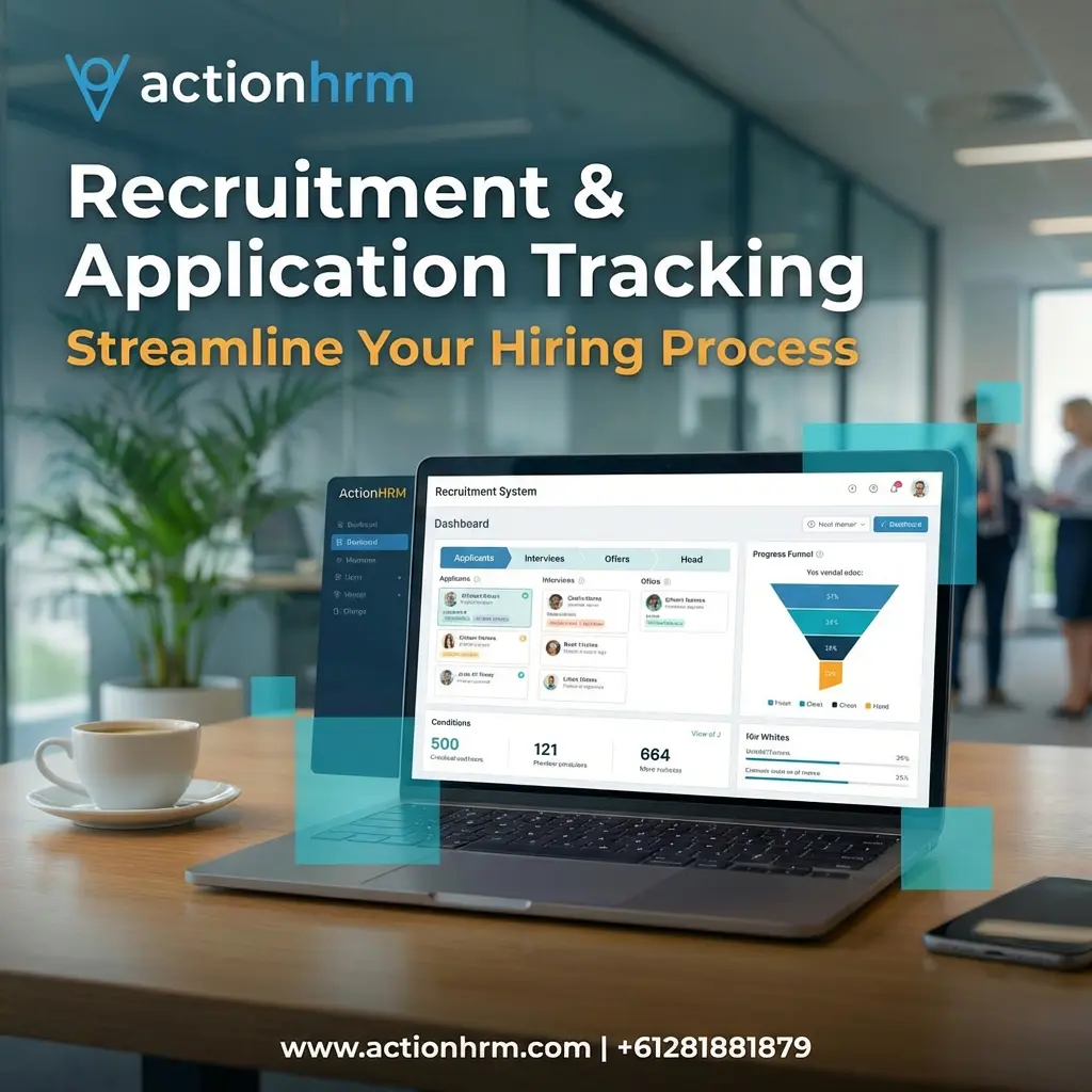 ActionHRM recruitment and applicant tracking dashboard shown on a laptop
